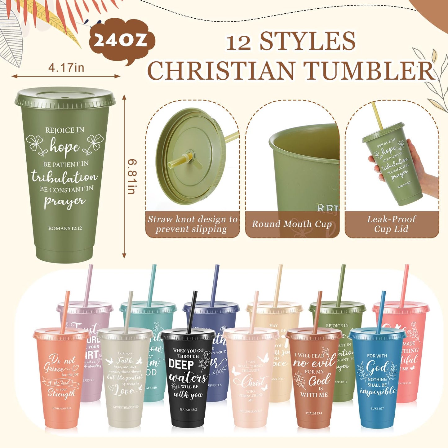 48 Pcs Christian Church Gifts Bulk Plastic Cups Set with Bible Verse Scriptures Pens Keychains Notebooks for Women Men Volunteer Easter Christian Party Favors(Morandi Color)