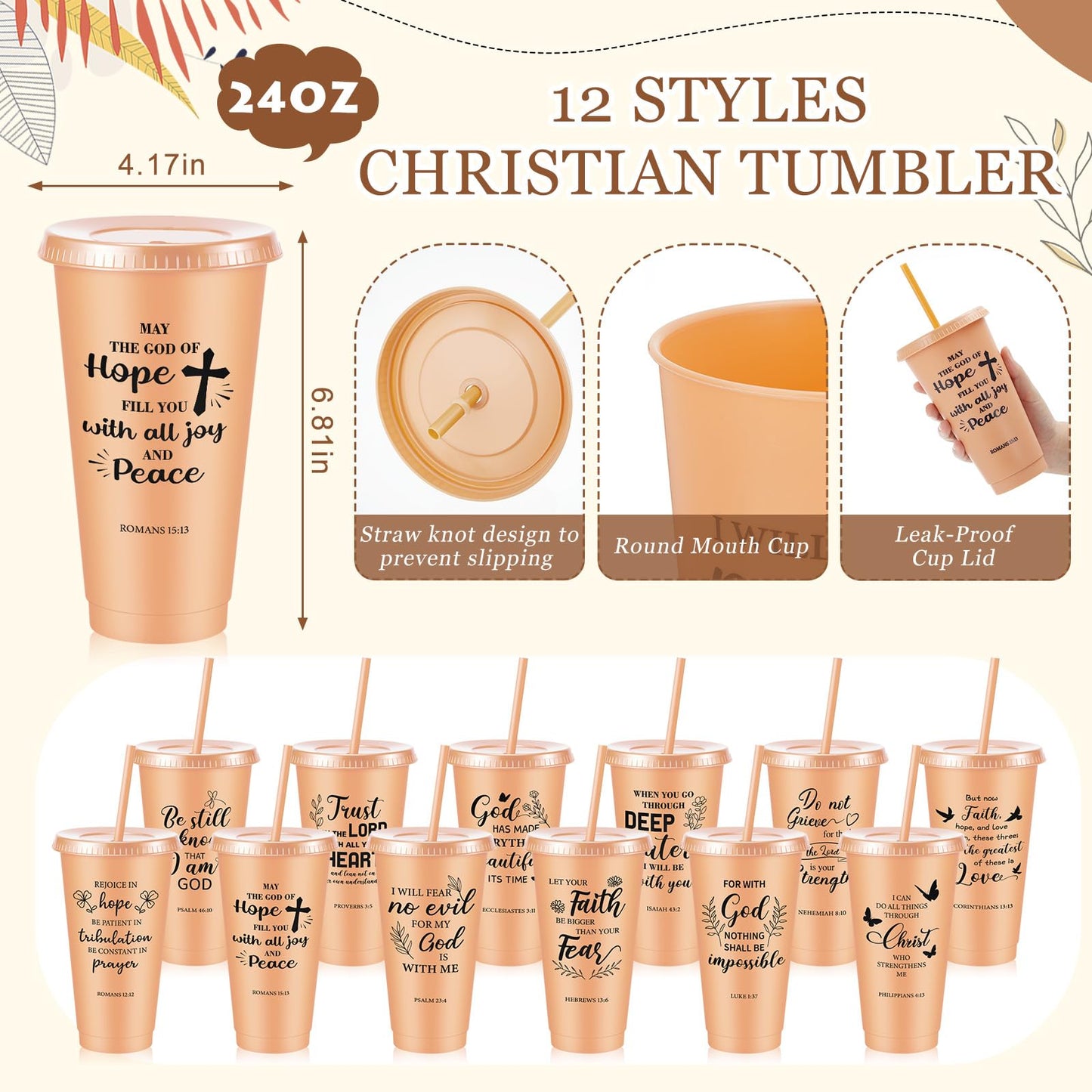 48 Pcs Christian Church Gifts Bulk Plastic Cups Set with Bible Verse Scriptures Pens Keychains Notebooks for Women Men Volunteer Easter Christian Party Favors(Morandi Color)