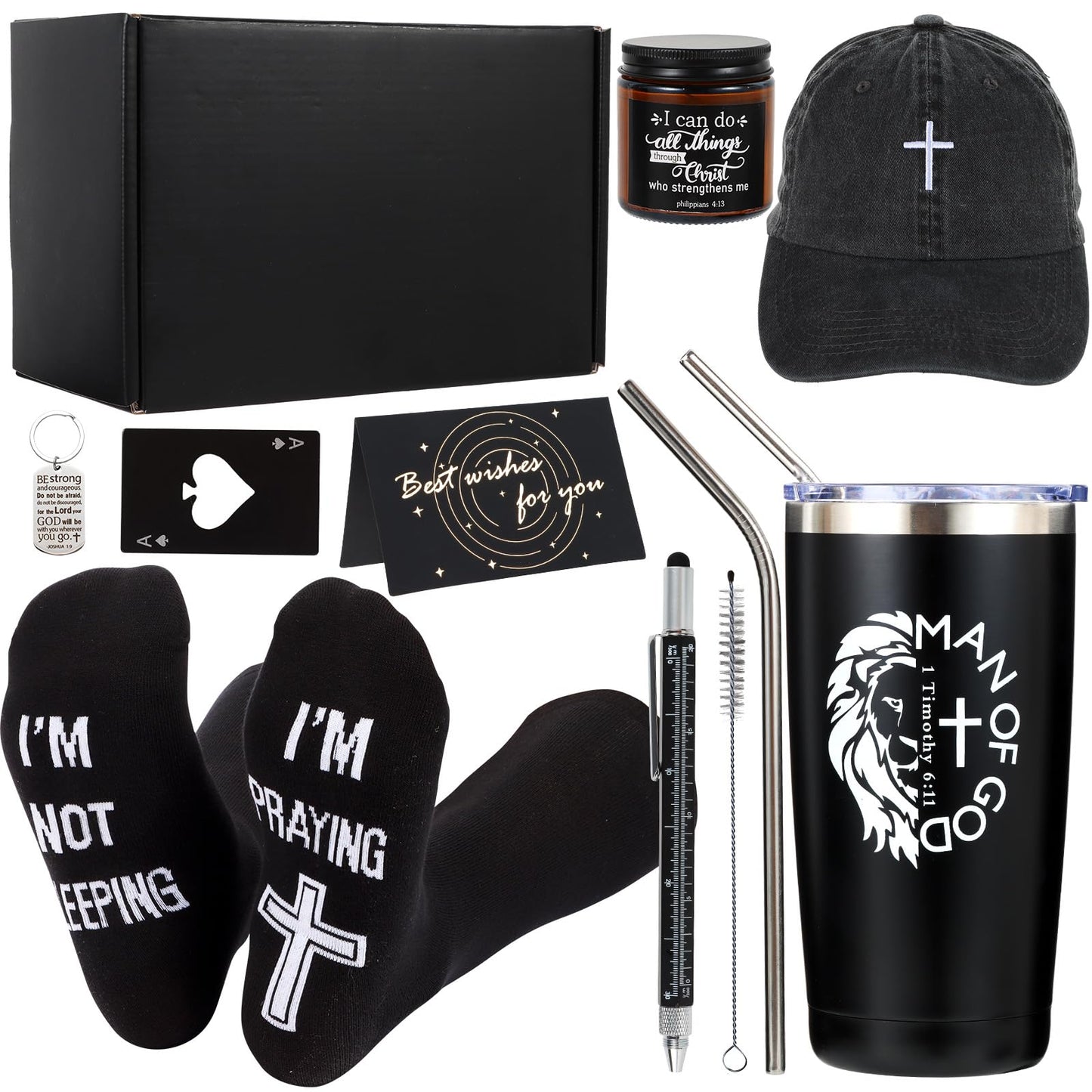 Kolewo4ever 9 Pcs Christian Gifts for Men Dad Inspirational Gift Set for Father Spiritual Religious Catholic Gift Box for Male Friends Co-workers
