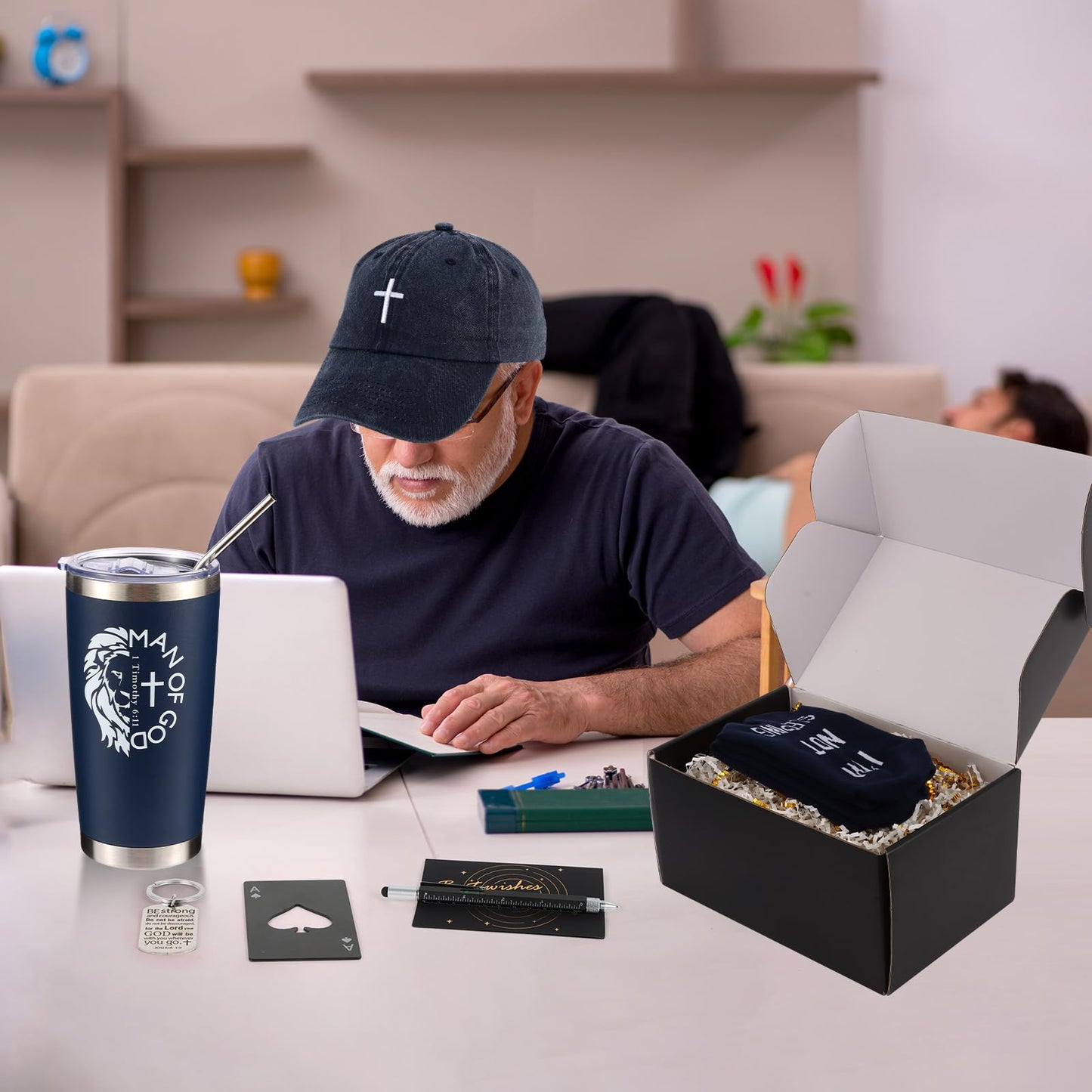Kolewo4ever 9 Pcs Christian Gifts for Men Dad Inspirational Gift Set for Father Spiritual Religious Catholic Gift Box for Male Friends Co-workers