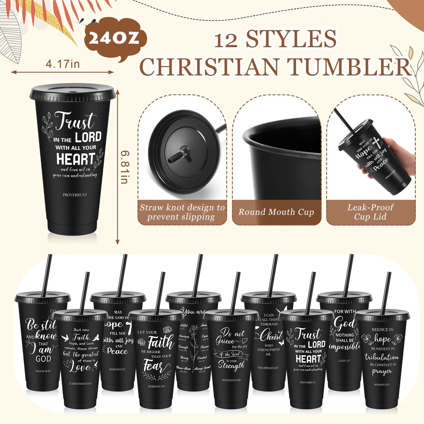 48 Pcs Christian Church Gifts Bulk Plastic Cups Set with Bible Verse Scriptures Pens Keychains Notebooks for Women Men Volunteer Easter Christian Party Favors(Morandi Color)