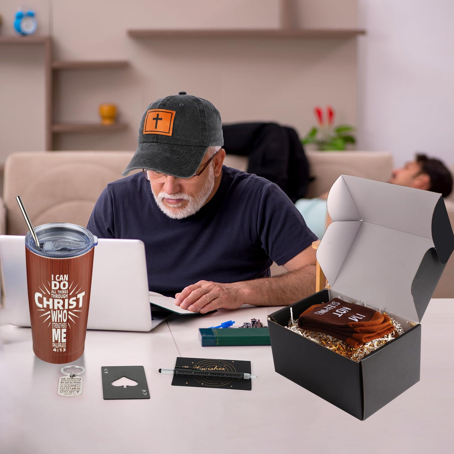 Kolewo4ever 9 Pcs Christian Gifts for Men Dad Inspirational Gift Set for Father Spiritual Religious Catholic Gift Box for Male Friends Co-workers