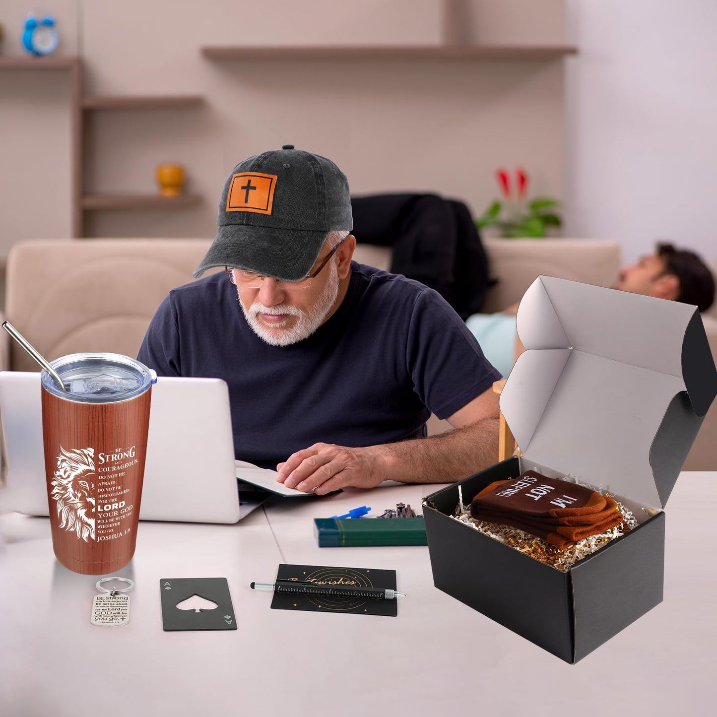 Kolewo4ever 9 Pcs Christian Gifts for Men Dad Inspirational Gift Set for Father Spiritual Religious Catholic Gift Box for Male Friends Co-workers
