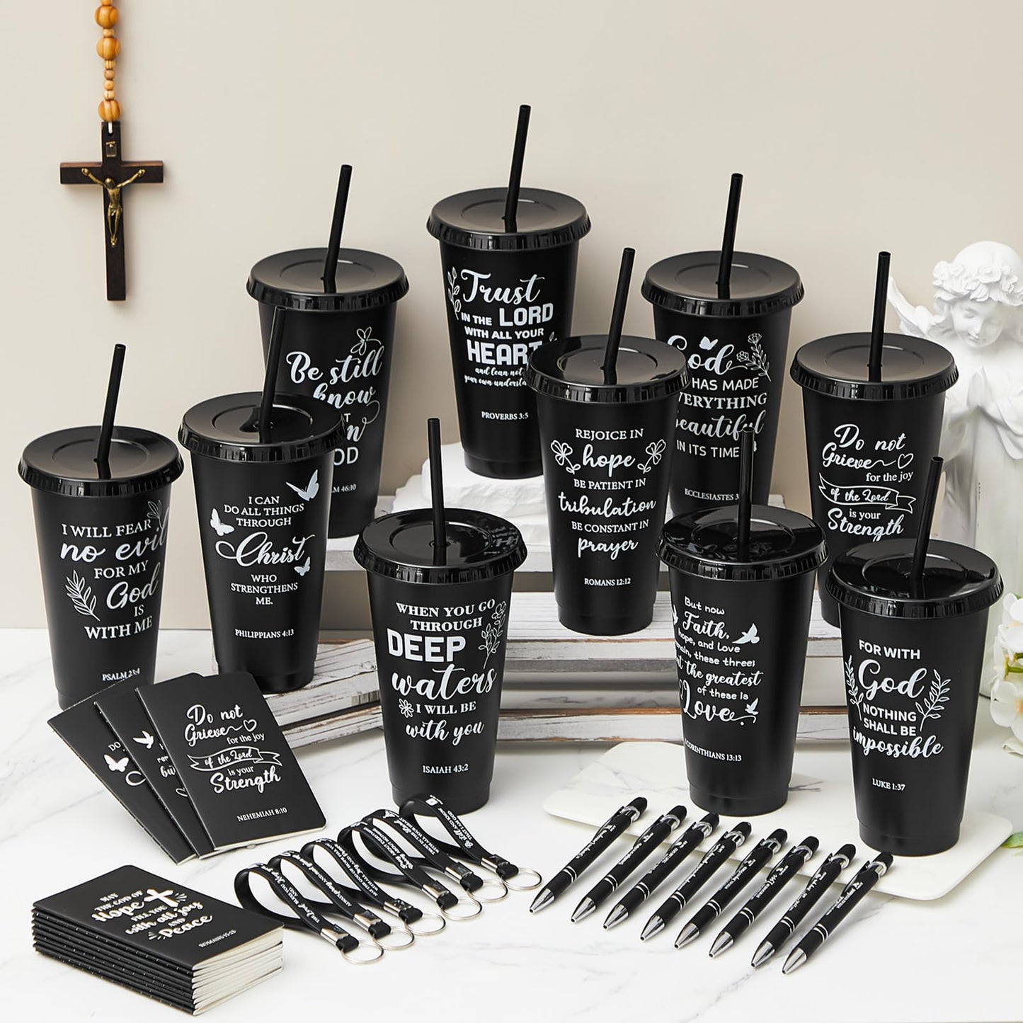 48 Pcs Christian Church Gifts Bulk Plastic Cups Set with Bible Verse Scriptures Pens Keychains Notebooks for Women Men Volunteer Easter Christian Party Favors(Morandi Color)
