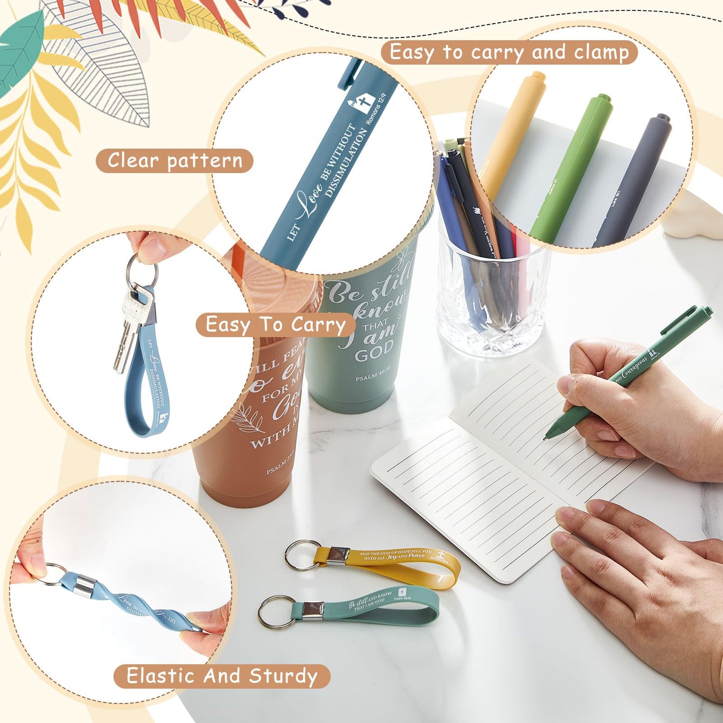 48 Pcs Christian Church Gifts Bulk Plastic Cups Set with Bible Verse Scriptures Pens Keychains Notebooks for Women Men Volunteer Easter Christian Party Favors(Morandi Color)