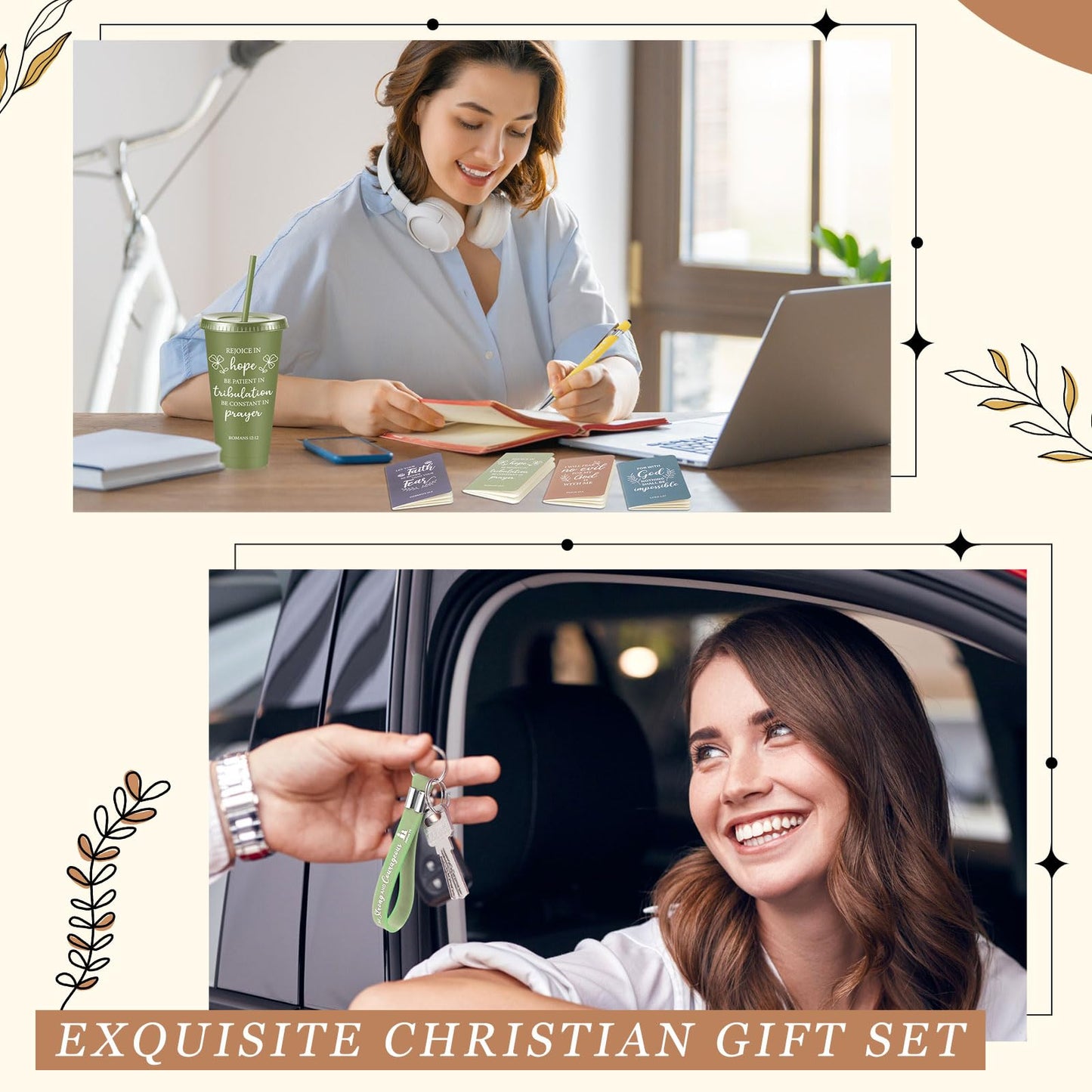 48 Pcs Christian Church Gifts Bulk Plastic Cups Set with Bible Verse Scriptures Pens Keychains Notebooks for Women Men Volunteer Easter Christian Party Favors(Morandi Color)