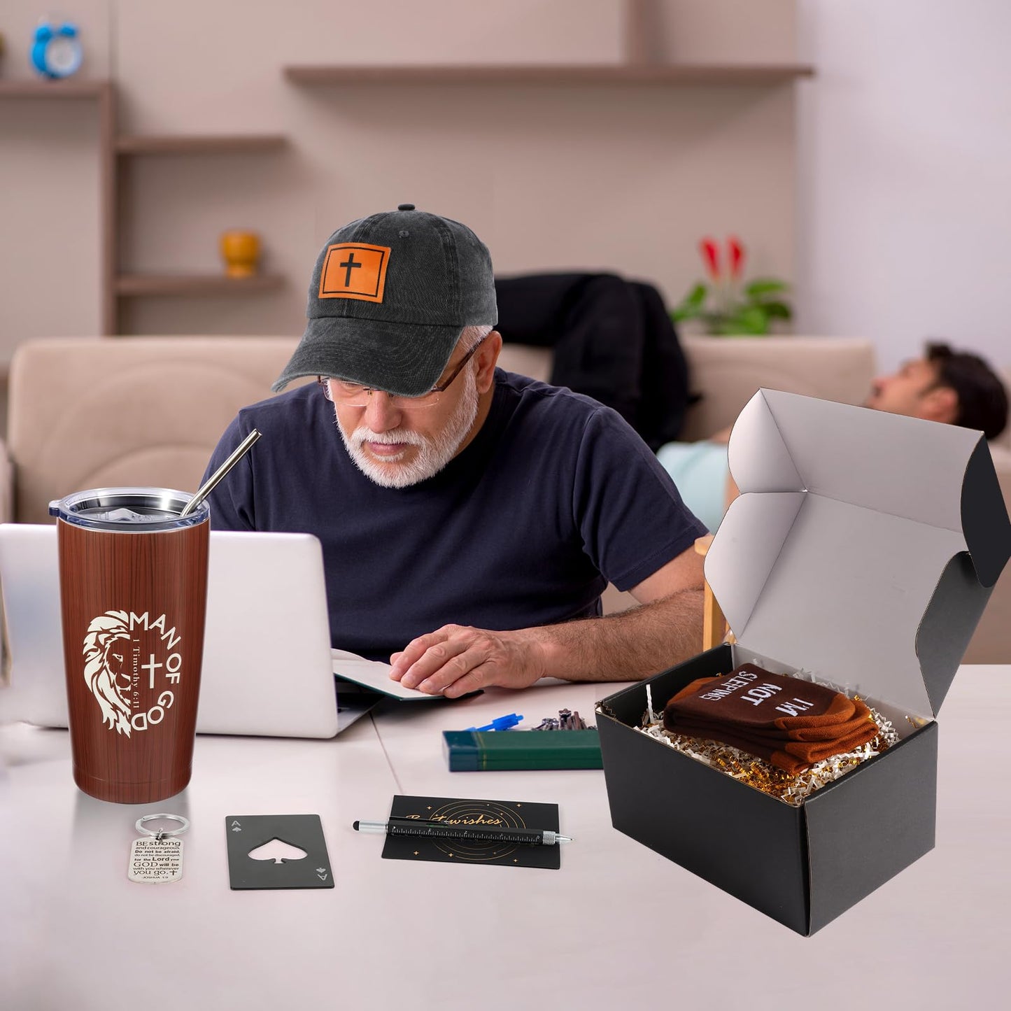 Kolewo4ever 9 Pcs Christian Gifts for Men Dad Inspirational Gift Set for Father Spiritual Religious Catholic Gift Box for Male Friends Co-workers