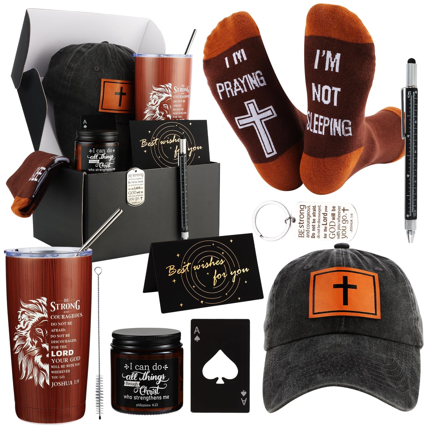 Kolewo4ever 9 Pcs Christian Gifts for Men Dad Inspirational Gift Set for Father Spiritual Religious Catholic Gift Box for Male Friends Co-workers