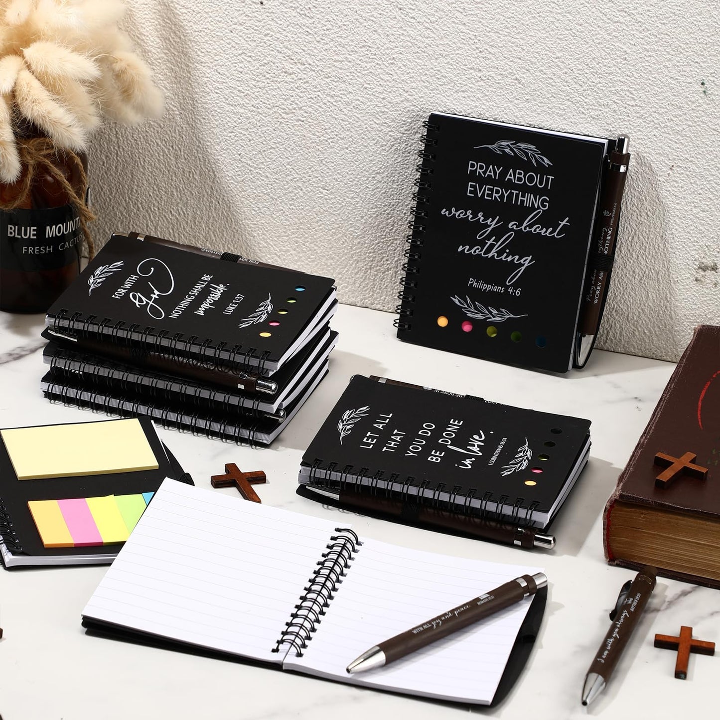 Kosiz 40 Pcs/ 20 Set Christian Gift Set Prayer Journal Spiral Notebook Religious Bible Notebook with Sticky Notes Bible Verse Pens Church Gifts Bulk for Women Men Sunday School Mother's Day (Kraft)