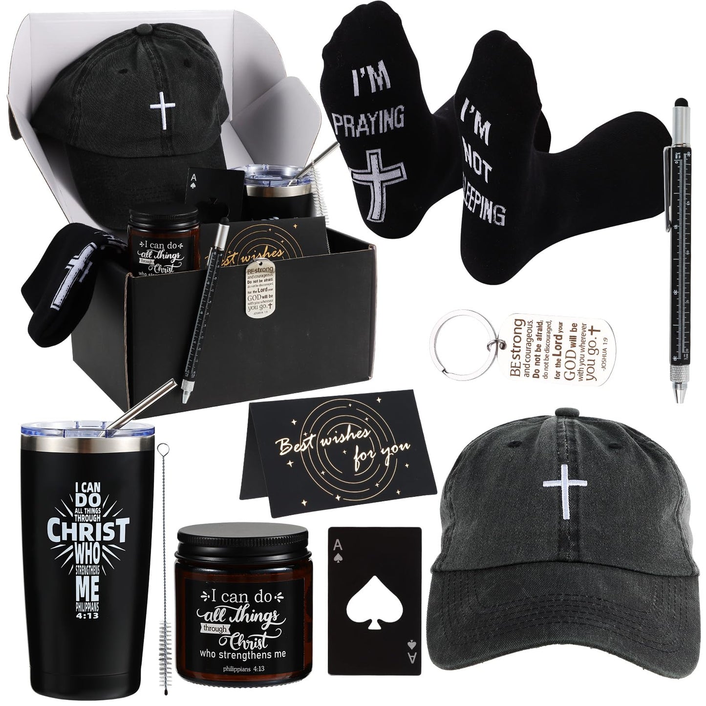 Kolewo4ever 9 Pcs Christian Gifts for Men Dad Inspirational Gift Set for Father Spiritual Religious Catholic Gift Box for Male Friends Co-workers