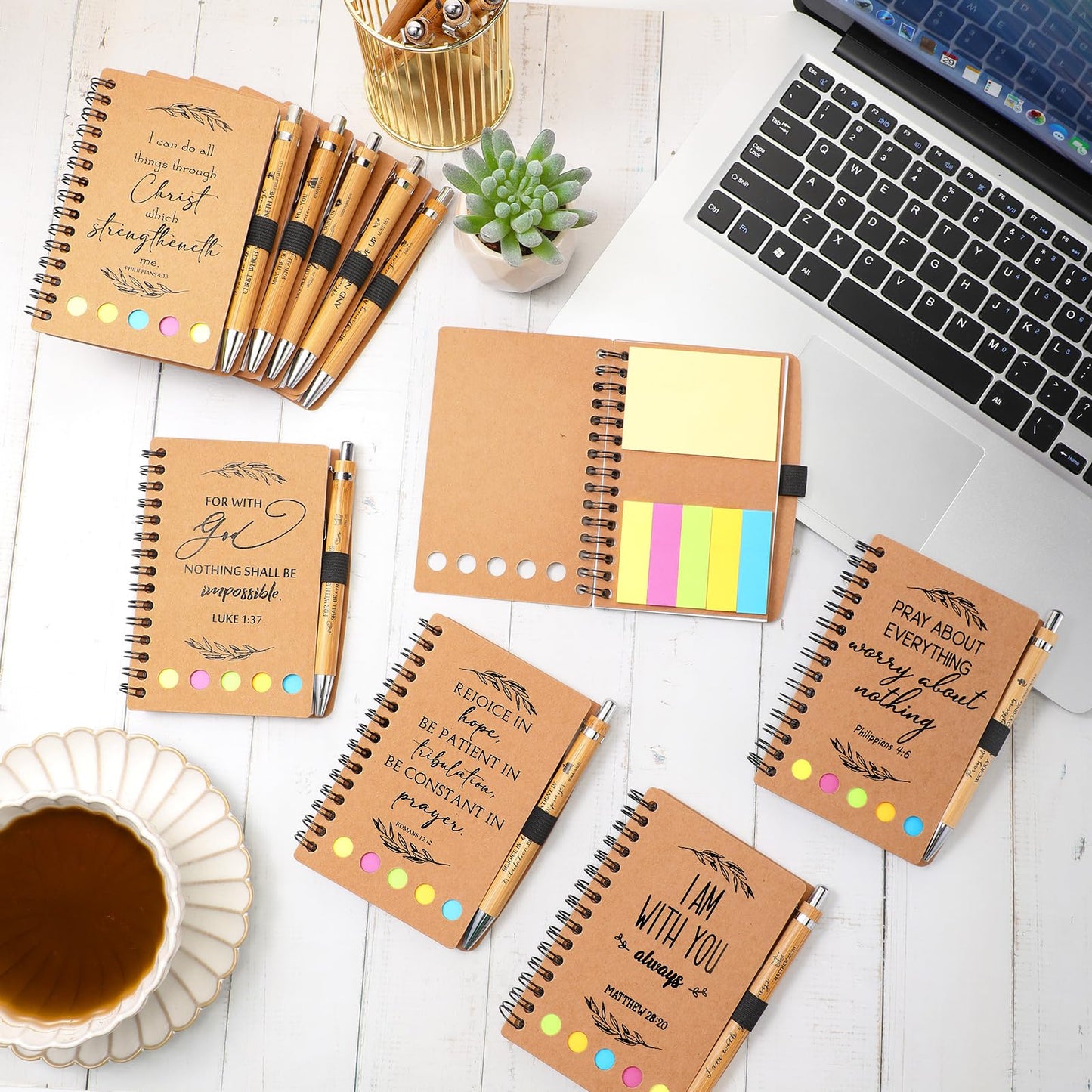 Kosiz 40 Pcs/ 20 Set Christian Gift Set Prayer Journal Spiral Notebook Religious Bible Notebook with Sticky Notes Bible Verse Pens Church Gifts Bulk for Women Men Sunday School Mother's Day (Kraft)
