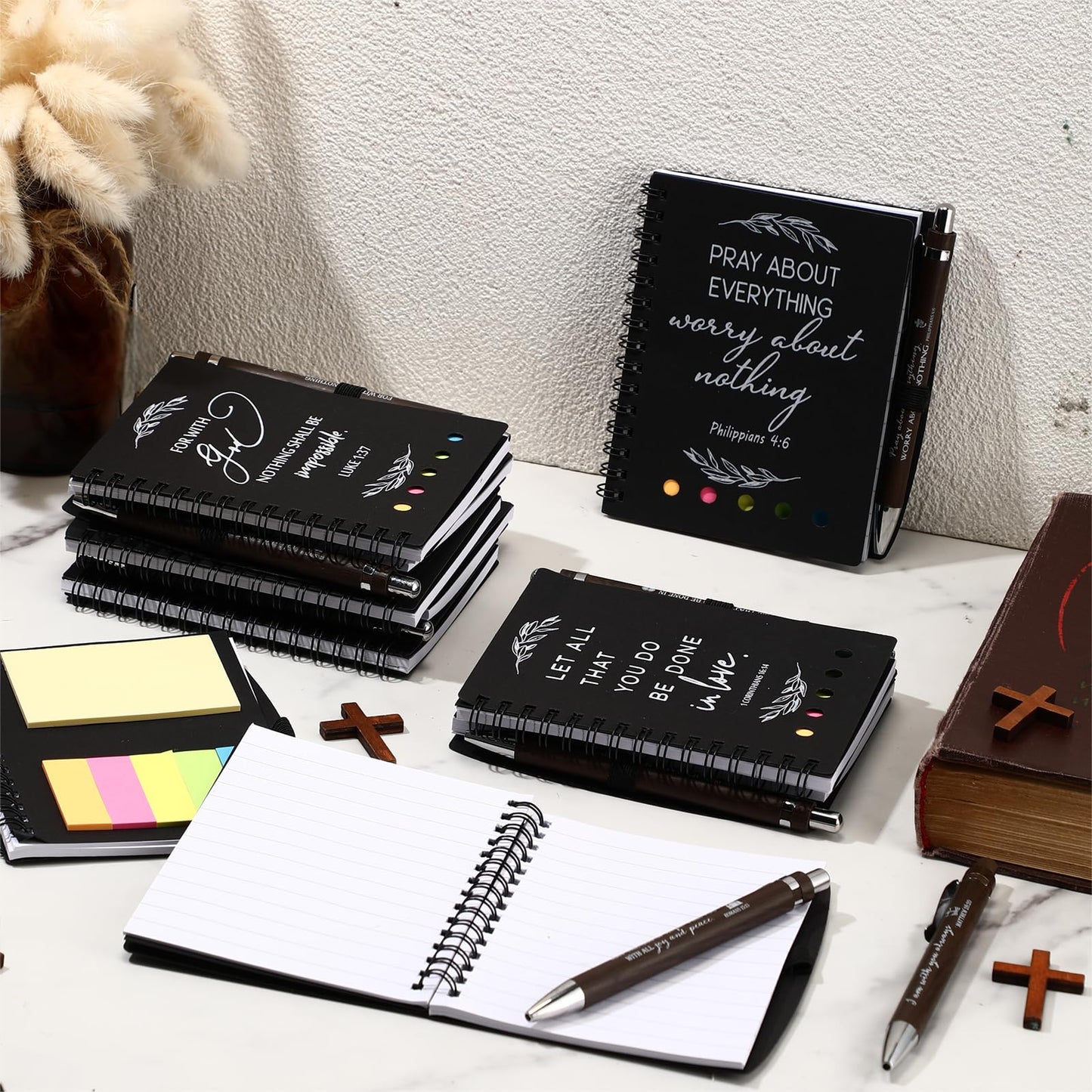 Kosiz 40 Pcs/ 20 Set Christian Gift Set Prayer Journal Spiral Notebook Religious Bible Notebook with Sticky Notes Bible Verse Pens Church Gifts Bulk for Women Men Sunday School Mother's Day (Kraft)