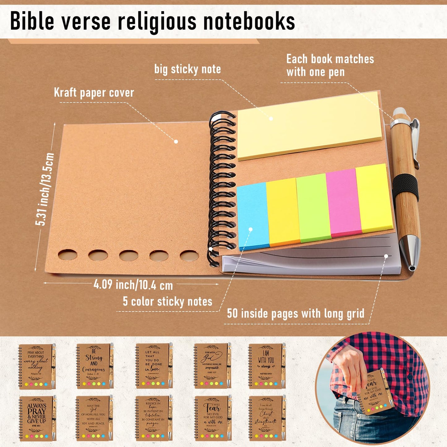 Kosiz 40 Pcs/ 20 Set Christian Gift Set Prayer Journal Spiral Notebook Religious Bible Notebook with Sticky Notes Bible Verse Pens Church Gifts Bulk for Women Men Sunday School Mother's Day (Kraft)