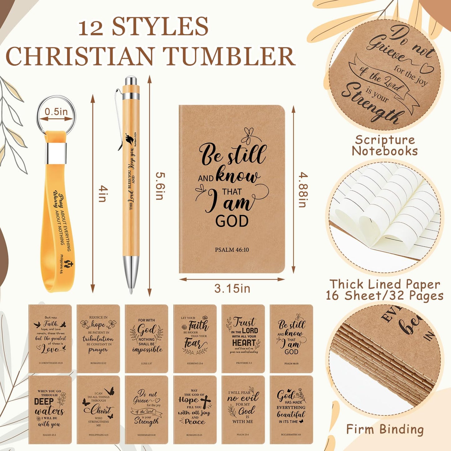 48 Pcs Christian Church Gifts Bulk Plastic Cups Set with Bible Verse Scriptures Pens Keychains Notebooks for Women Men Volunteer Easter Christian Party Favors(Morandi Color)