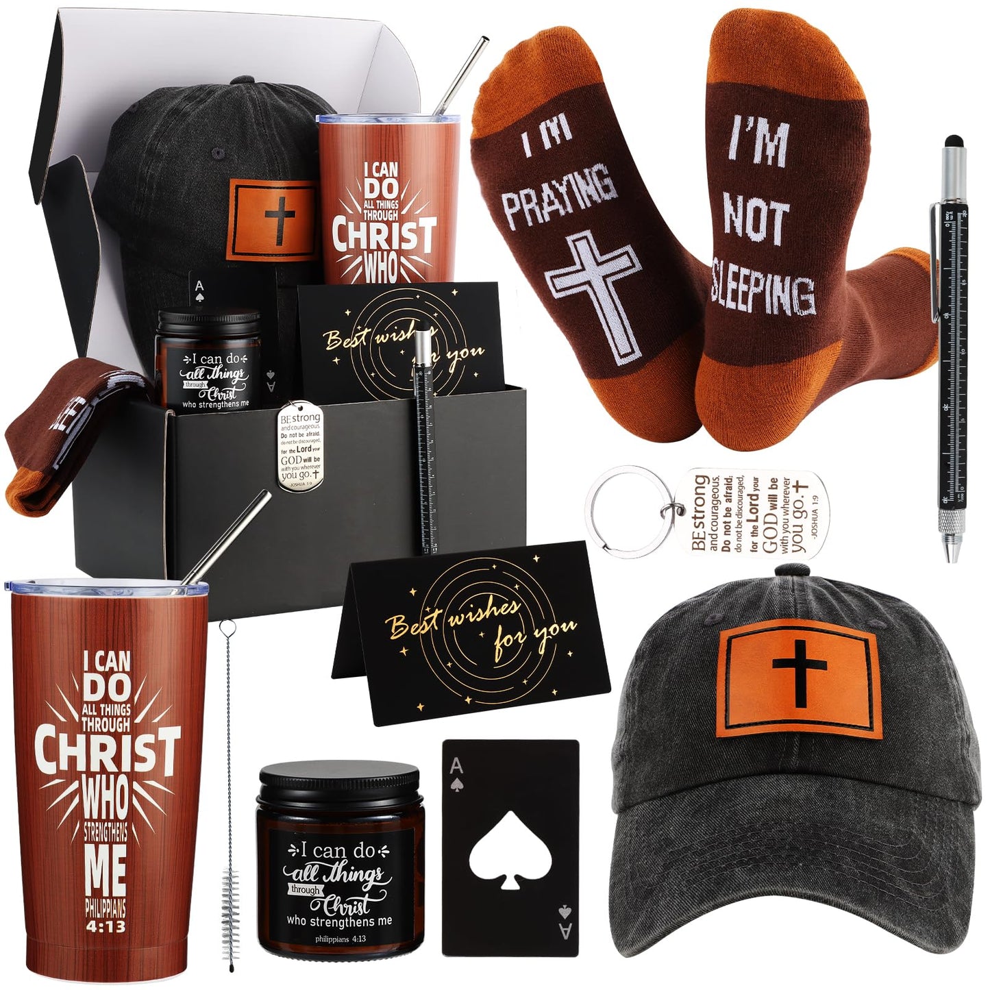 Kolewo4ever 9 Pcs Christian Gifts for Men Dad Inspirational Gift Set for Father Spiritual Religious Catholic Gift Box for Male Friends Co-workers