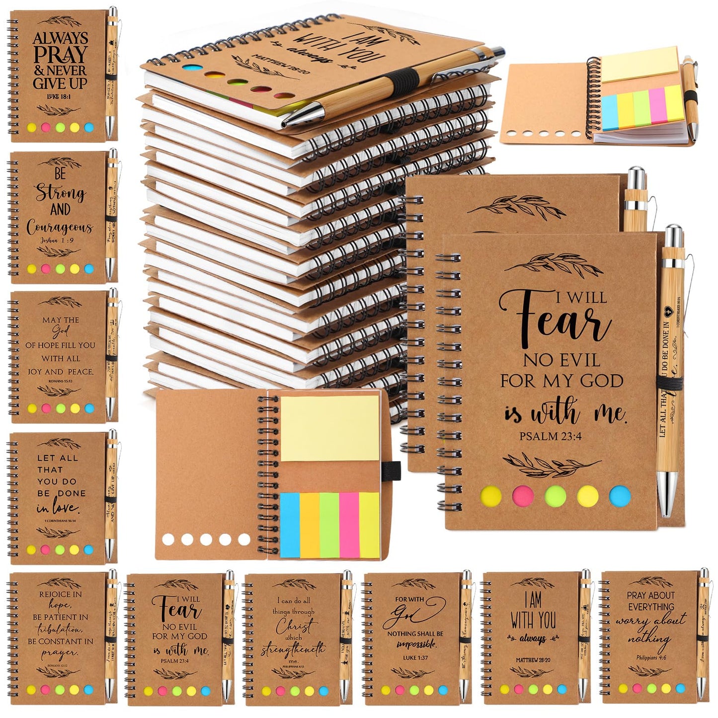 Kosiz 40 Pcs/ 20 Set Christian Gift Set Prayer Journal Spiral Notebook Religious Bible Notebook with Sticky Notes Bible Verse Pens Church Gifts Bulk for Women Men Sunday School Mother's Day (Kraft)