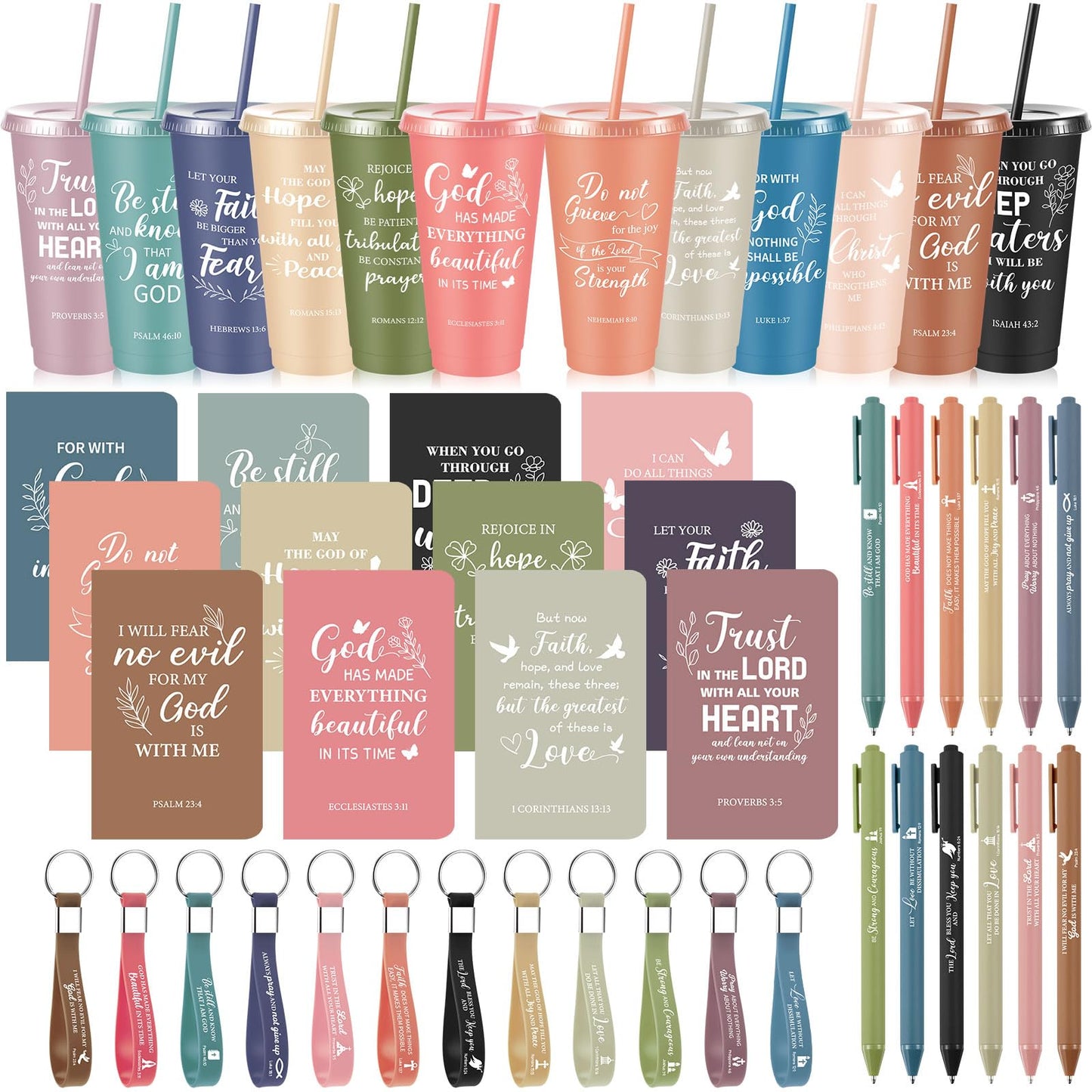 48 Pcs Christian Church Gifts Bulk Plastic Cups Set with Bible Verse Scriptures Pens Keychains Notebooks for Women Men Volunteer Easter Christian Party Favors(Morandi Color)
