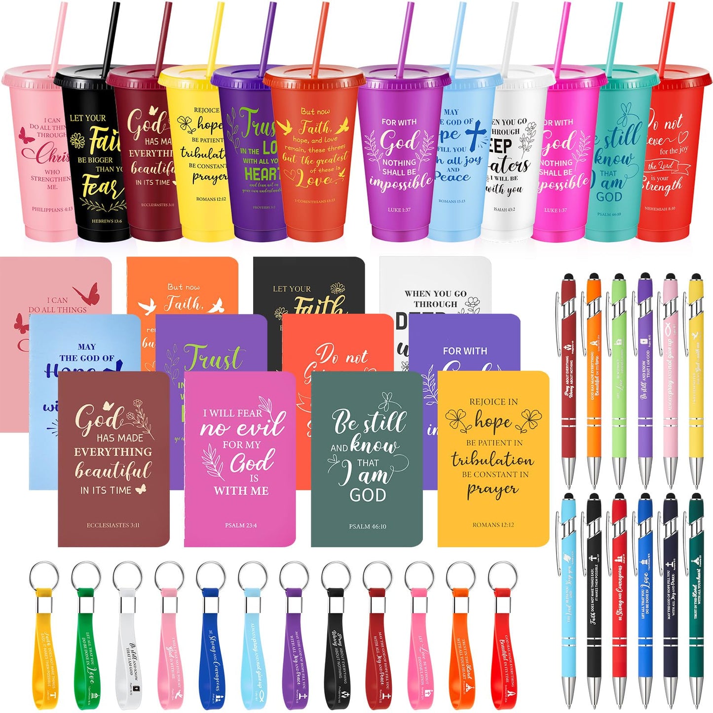 48 Pcs Christian Church Gifts Bulk Plastic Cups Set with Bible Verse Scriptures Pens Keychains Notebooks for Women Men Volunteer Easter Christian Party Favors(Morandi Color)
