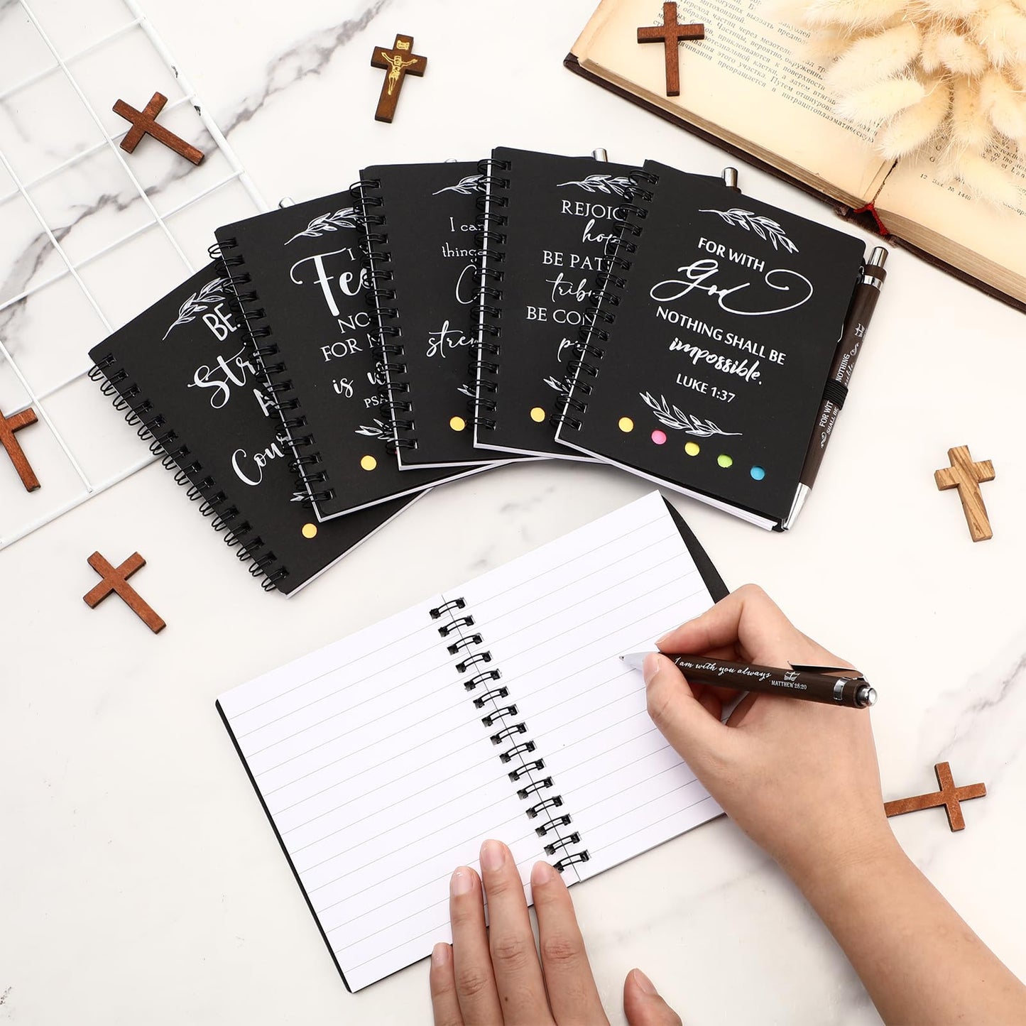 Kosiz 40 Pcs/ 20 Set Christian Gift Set Prayer Journal Spiral Notebook Religious Bible Notebook with Sticky Notes Bible Verse Pens Church Gifts Bulk for Women Men Sunday School Mother's Day (Kraft)
