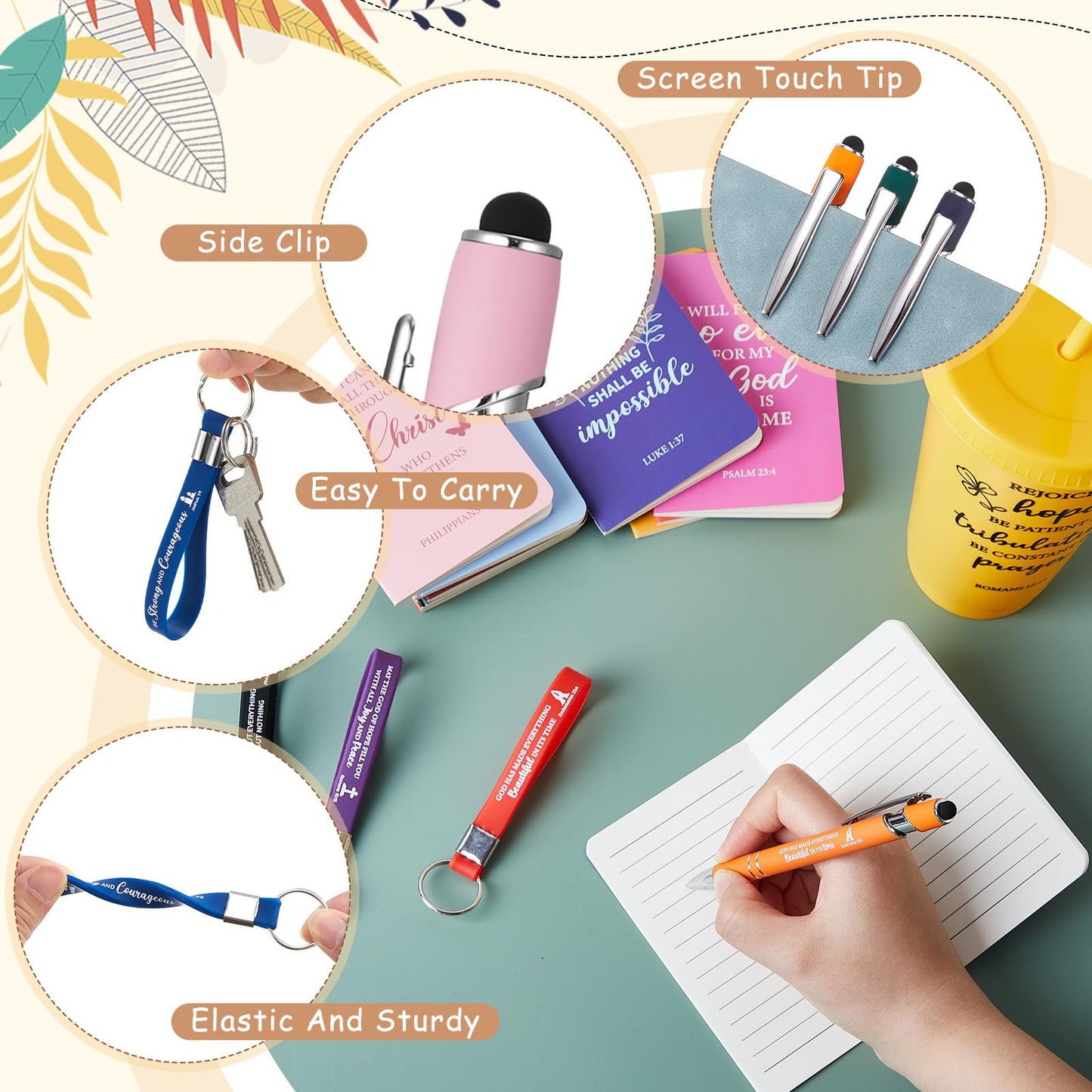 48 Pcs Christian Church Gifts Bulk Plastic Cups Set with Bible Verse Scriptures Pens Keychains Notebooks for Women Men Volunteer Easter Christian Party Favors(Morandi Color)