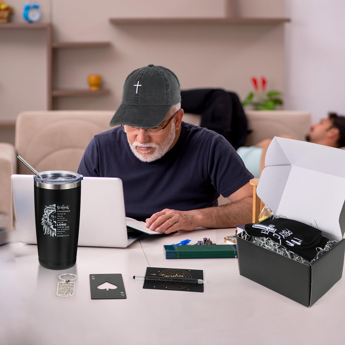 Kolewo4ever 9 Pcs Christian Gifts for Men Dad Inspirational Gift Set for Father Spiritual Religious Catholic Gift Box for Male Friends Co-workers