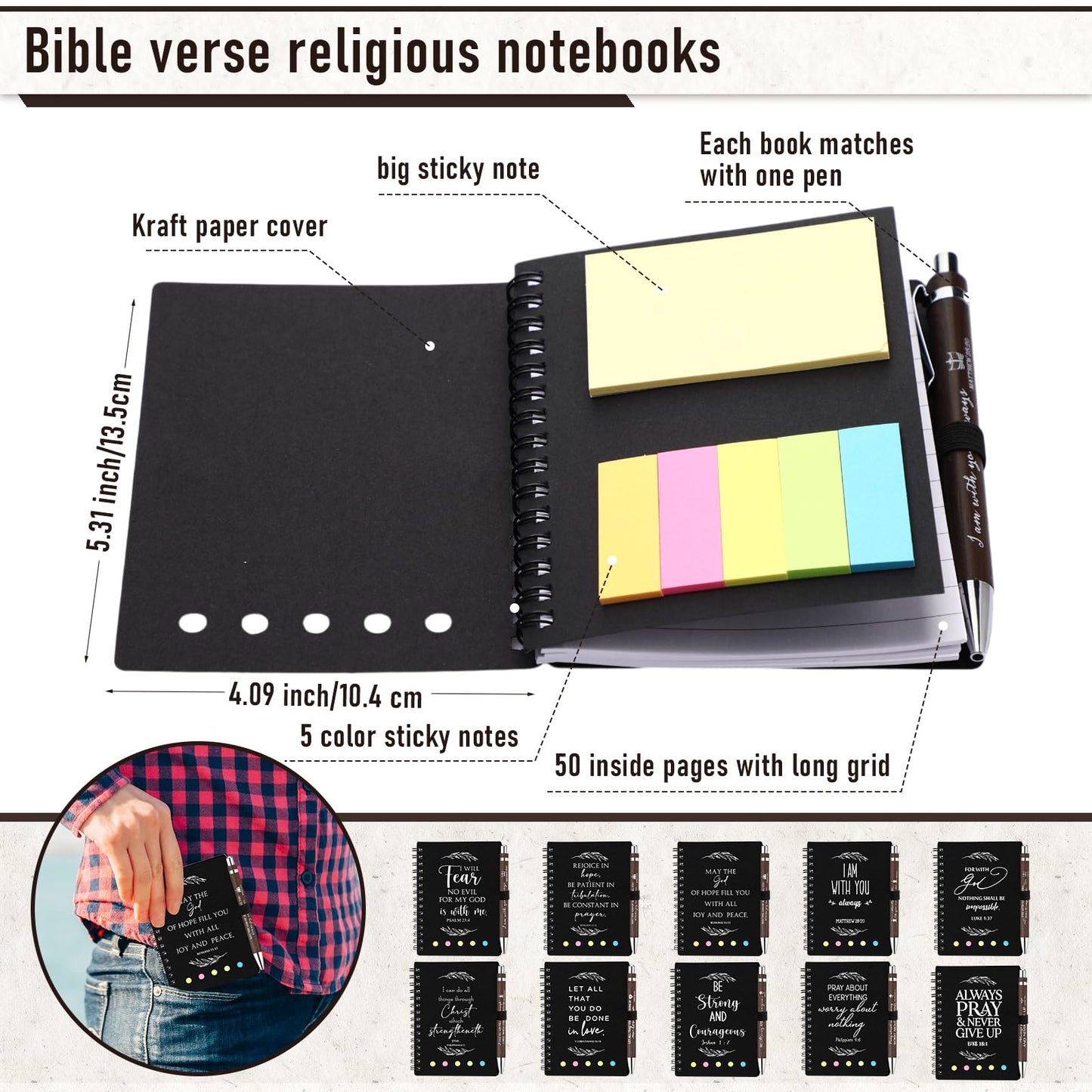 Kosiz 40 Pcs/ 20 Set Christian Gift Set Prayer Journal Spiral Notebook Religious Bible Notebook with Sticky Notes Bible Verse Pens Church Gifts Bulk for Women Men Sunday School Mother's Day (Kraft)