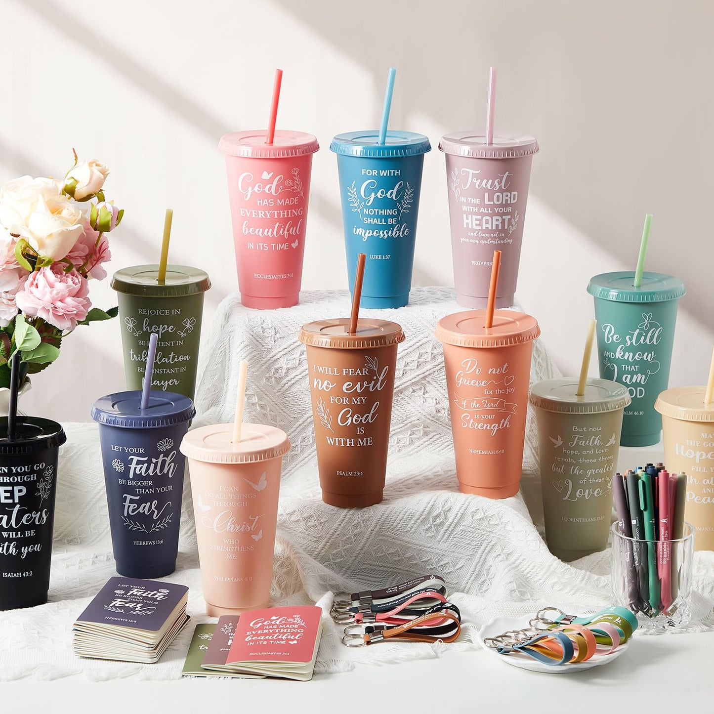 48 Pcs Christian Church Gifts Bulk Plastic Cups Set with Bible Verse Scriptures Pens Keychains Notebooks for Women Men Volunteer Easter Christian Party Favors(Morandi Color)