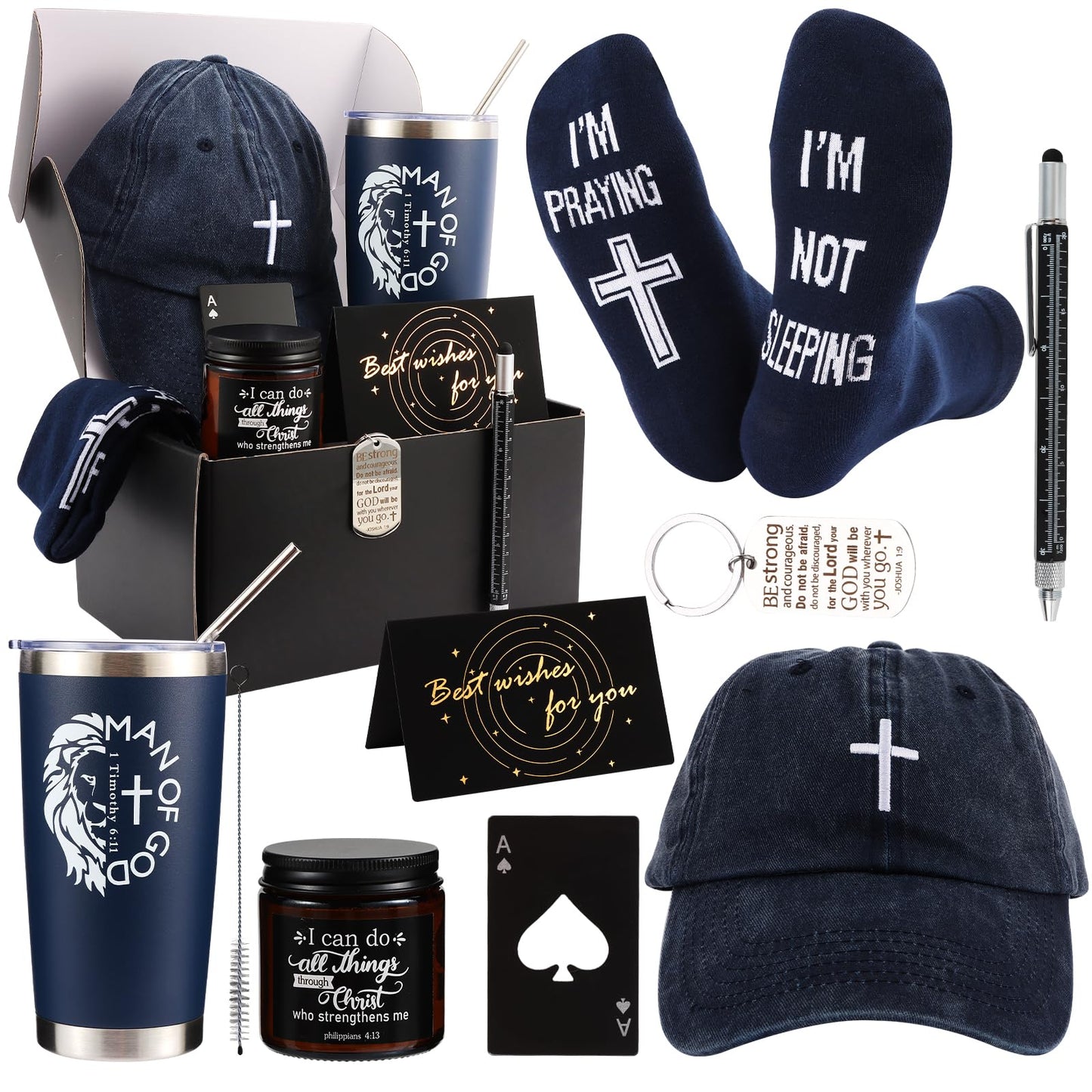 Kolewo4ever 9 Pcs Christian Gifts for Men Dad Inspirational Gift Set for Father Spiritual Religious Catholic Gift Box for Male Friends Co-workers
