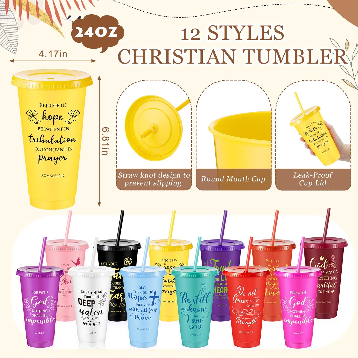 48 Pcs Christian Church Gifts Bulk Plastic Cups Set with Bible Verse Scriptures Pens Keychains Notebooks for Women Men Volunteer Easter Christian Party Favors(Morandi Color)