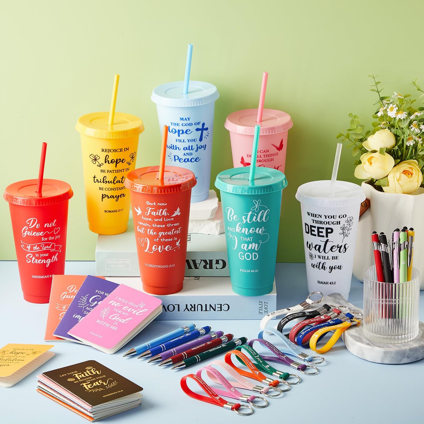48 Pcs Christian Church Gifts Bulk Plastic Cups Set with Bible Verse Scriptures Pens Keychains Notebooks for Women Men Volunteer Easter Christian Party Favors(Morandi Color)