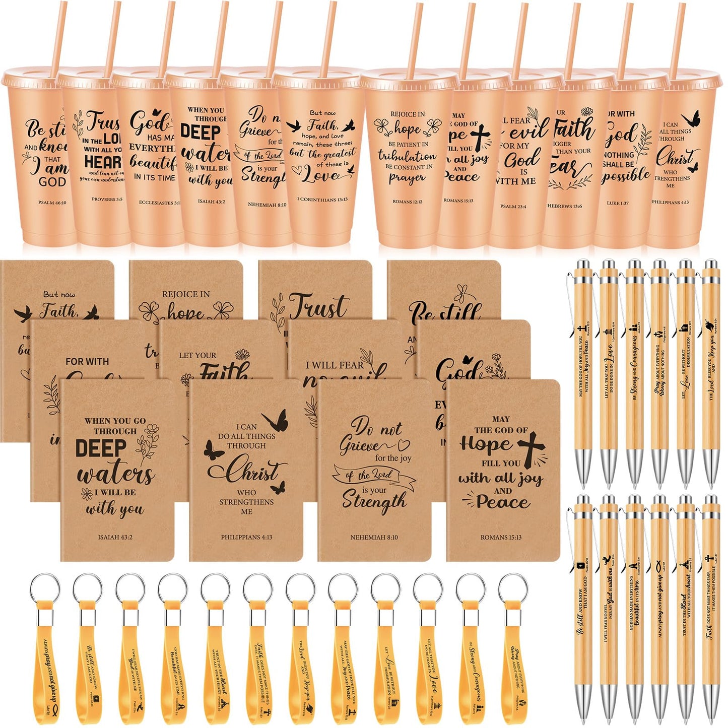 48 Pcs Christian Church Gifts Bulk Plastic Cups Set with Bible Verse Scriptures Pens Keychains Notebooks for Women Men Volunteer Easter Christian Party Favors(Morandi Color)