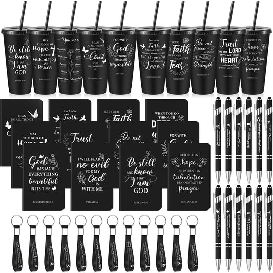 48 Pcs Christian Church Gifts Bulk Plastic Cups Set with Bible Verse Scriptures Pens Keychains Notebooks for Women Men Volunteer Easter Christian Party Favors(Morandi Color)