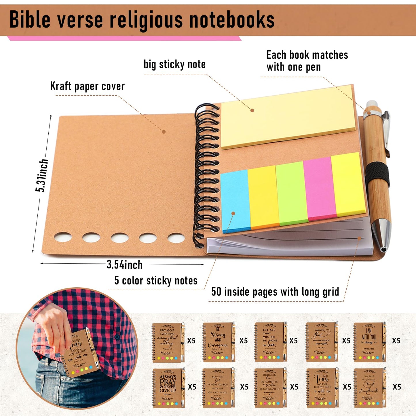 Kosiz 40 Pcs/ 20 Set Christian Gift Set Prayer Journal Spiral Notebook Religious Bible Notebook with Sticky Notes Bible Verse Pens Church Gifts Bulk for Women Men Sunday School Mother's Day (Kraft)