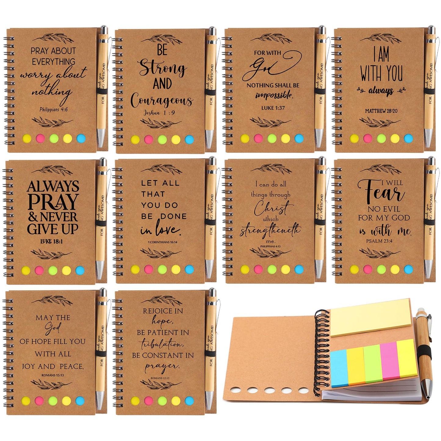 Kosiz 40 Pcs/ 20 Set Christian Gift Set Prayer Journal Spiral Notebook Religious Bible Notebook with Sticky Notes Bible Verse Pens Church Gifts Bulk for Women Men Sunday School Mother's Day (Kraft)