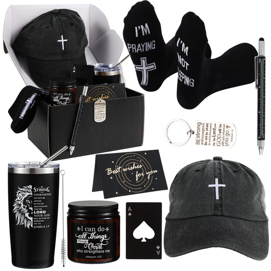 Kolewo4ever 9 Pcs Christian Gifts for Men Dad Inspirational Gift Set for Father Spiritual Religious Catholic Gift Box for Male Friends Co-workers
