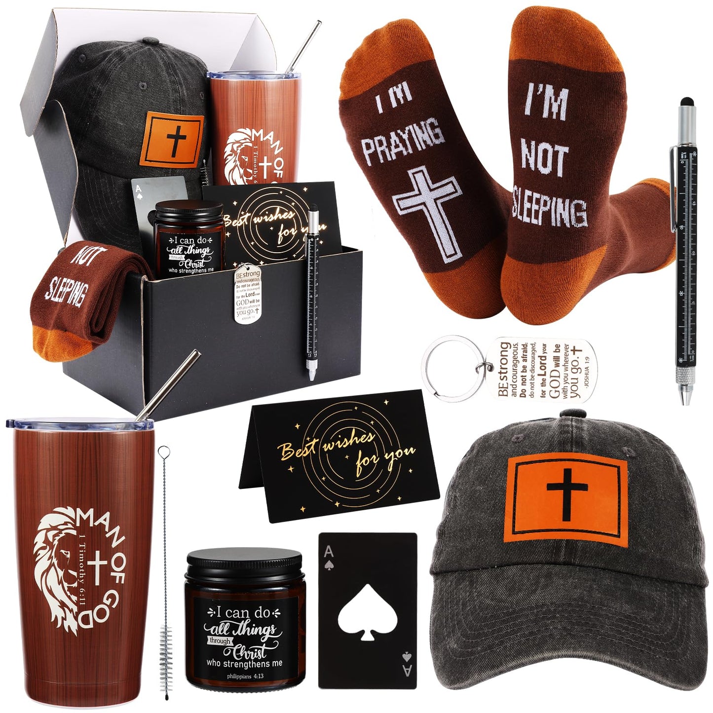 Kolewo4ever 9 Pcs Christian Gifts for Men Dad Inspirational Gift Set for Father Spiritual Religious Catholic Gift Box for Male Friends Co-workers