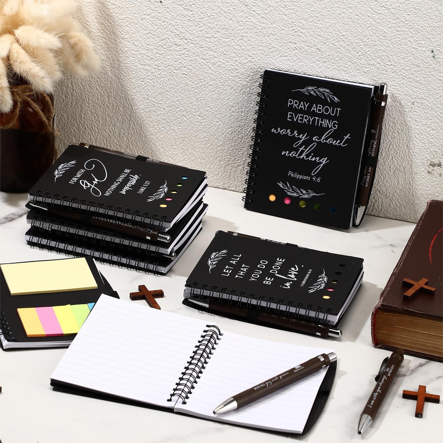 Kosiz 40 Pcs/ 20 Set Christian Gift Set Prayer Journal Spiral Notebook Religious Bible Notebook with Sticky Notes Bible Verse Pens Church Gifts Bulk for Women Men Sunday School Mother's Day (Kraft)